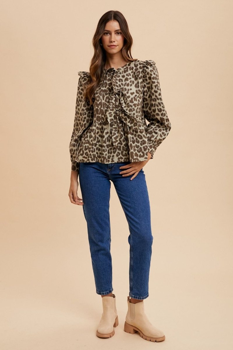 Annie Wear Tied Leopard Round Neck Peplum Blouse - S. M. & Co.