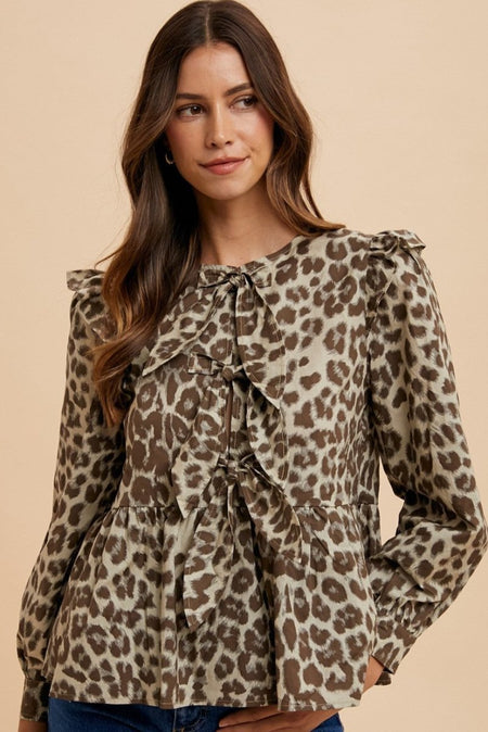 Annie Wear Tied Leopard Round Neck Peplum Blouse - S. M. & Co.