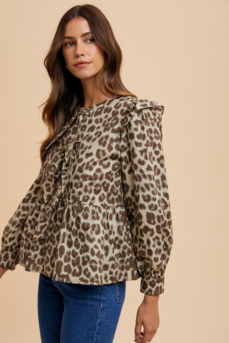 Annie Wear Tied Leopard Round Neck Peplum Blouse - S. M. & Co.