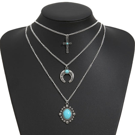 Artificial Turquoise Alloy Three - Layered Necklace - S. M. & Co.