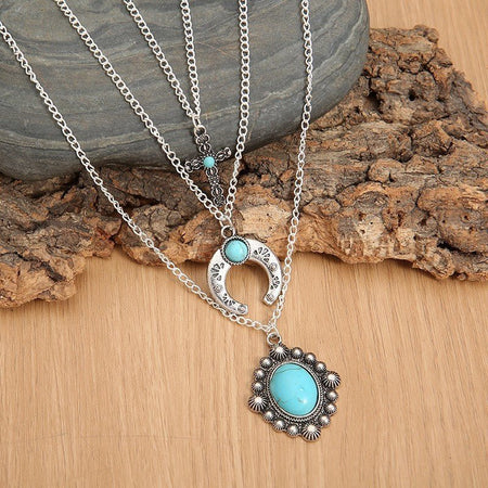 Artificial Turquoise Alloy Three - Layered Necklace - S. M. & Co.