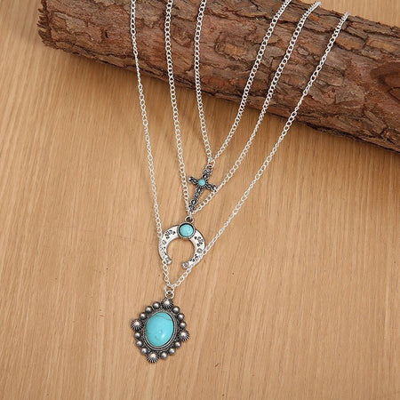 Artificial Turquoise Alloy Three - Layered Necklace - S. M. & Co.