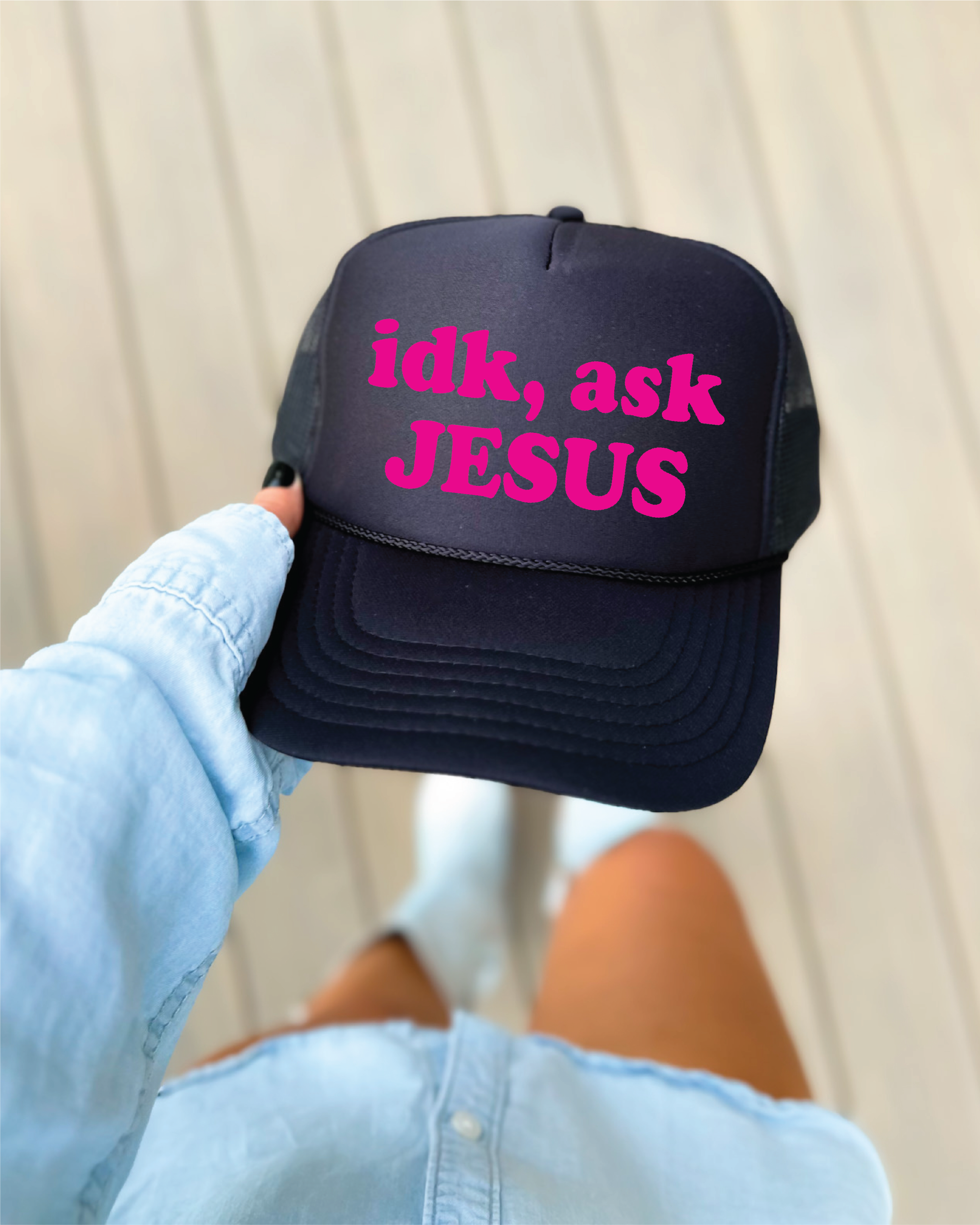 Ask Jesus in Bright Pink writing DTF Printed Black Trucker Hat