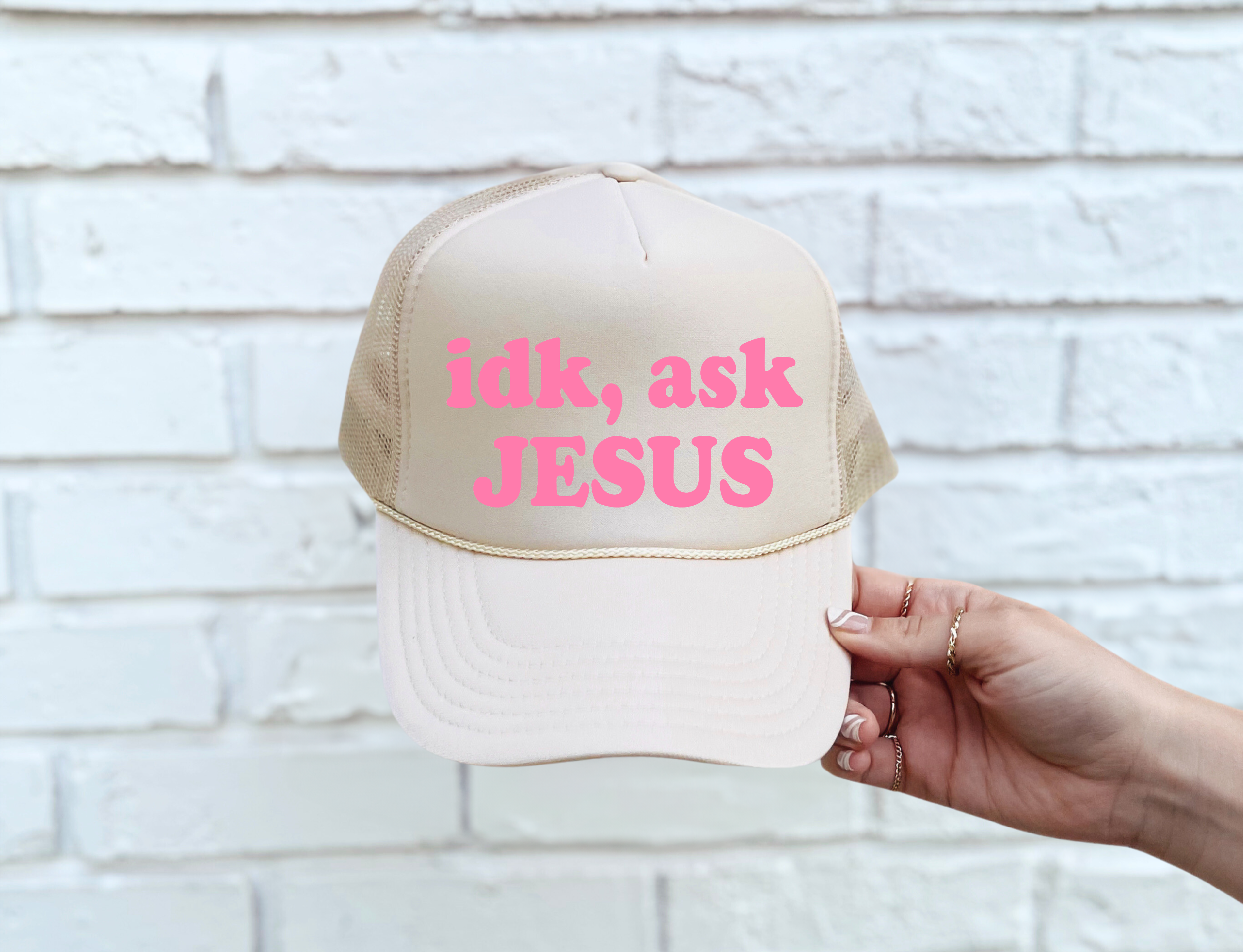 Ask Jesus DTF Printed Tan Trucker Hat - S. M. & Co. Shirts & Tops