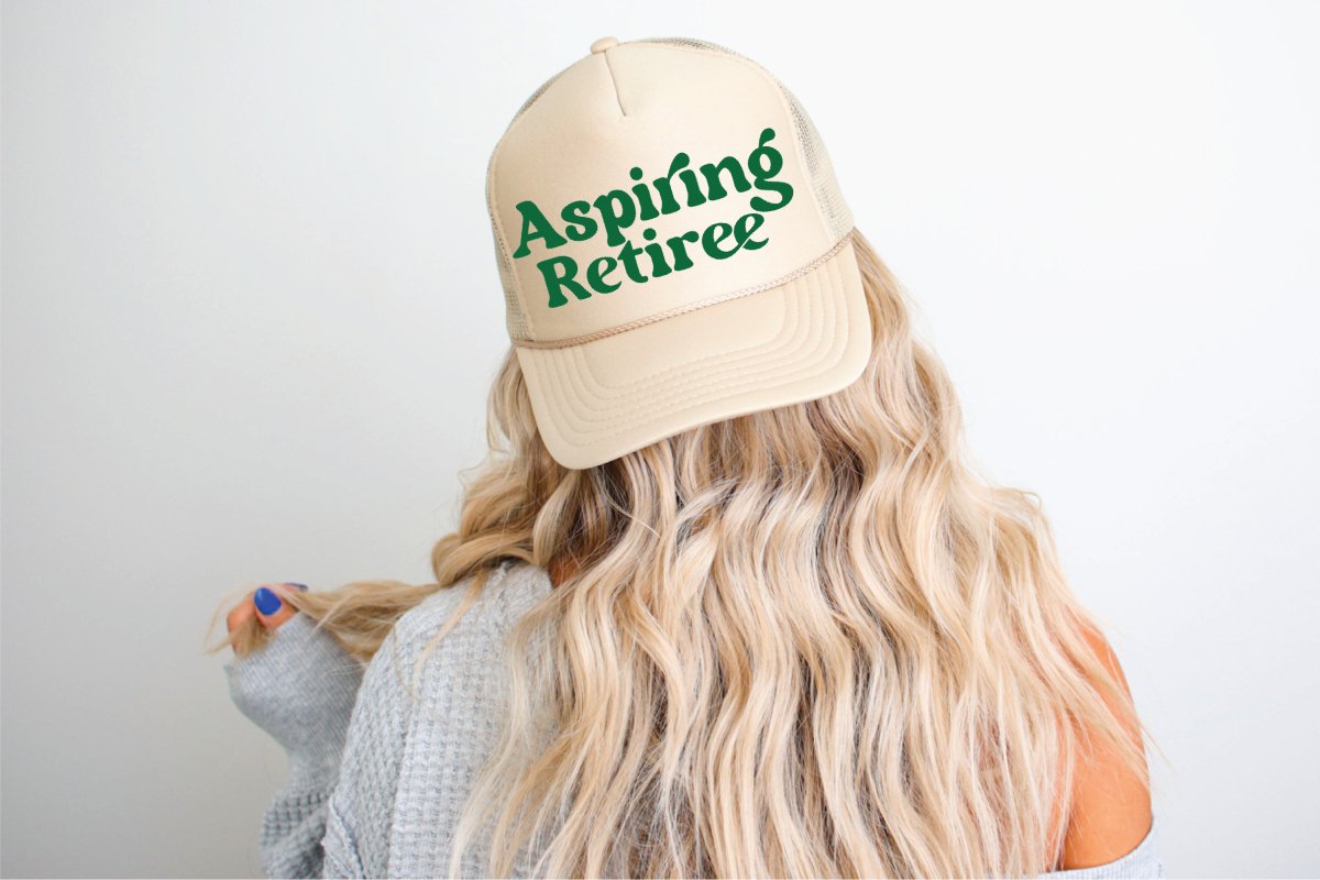 Aspiring Retiree DTF Printed Khaki Green Writing Trucker Hat - S. M. & Co.