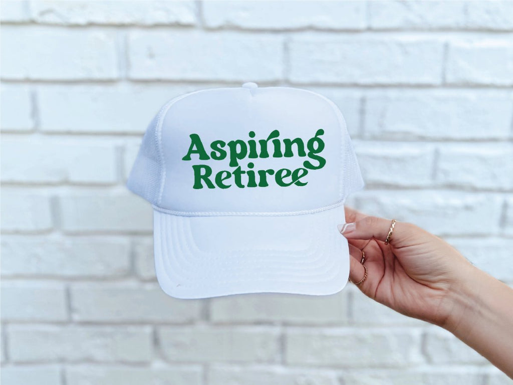 Aspiring Retiree DTF Printed White Trucker Hat - S. M. & Co.