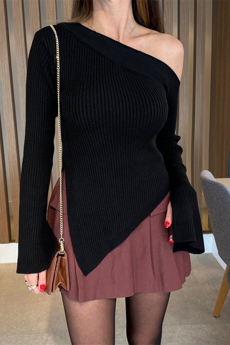 Asymmetric Hem Single Shoulder Sweater - S. M. & Co.