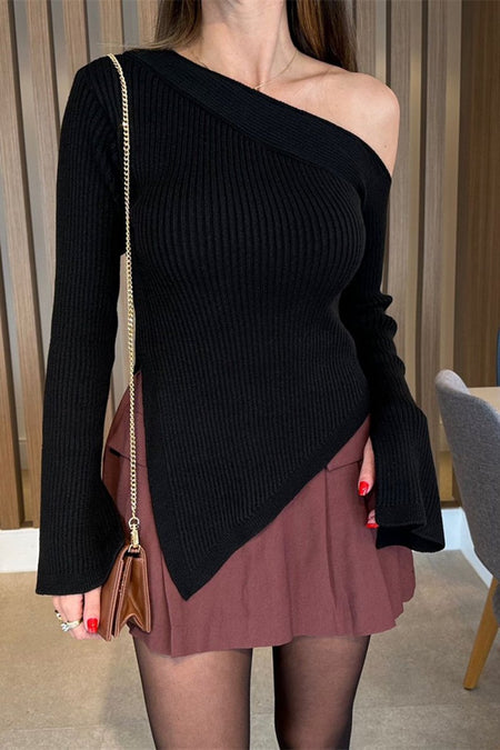 Asymmetric Hem Single Shoulder Sweater - S. M. & Co.