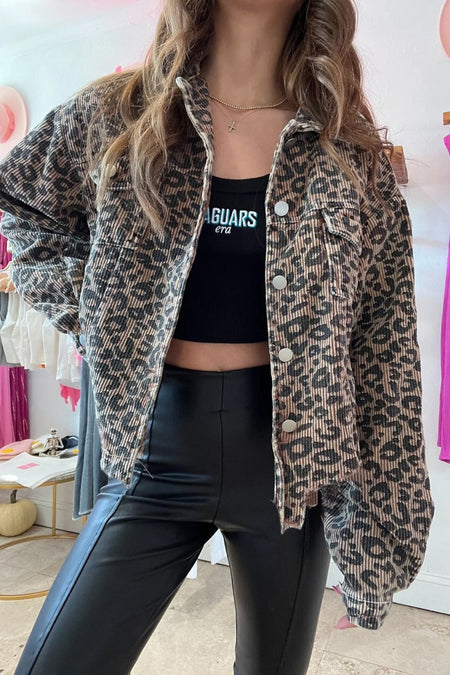 Asymmetrical Hem Collared Neck Leopard Jacket - S. M. & Co.