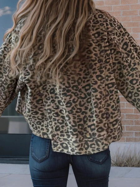 Asymmetrical Hem Collared Neck Leopard Jacket - S. M. & Co.