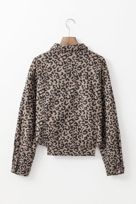 Asymmetrical Hem Collared Neck Leopard Jacket - S. M. & Co.