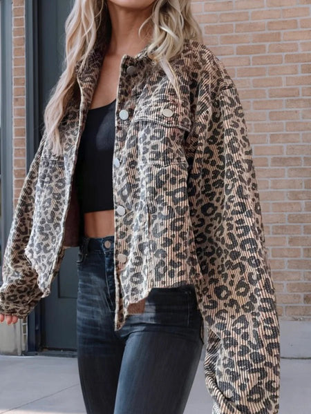 Asymmetrical Hem Collared Neck Leopard Jacket - S. M. & Co.