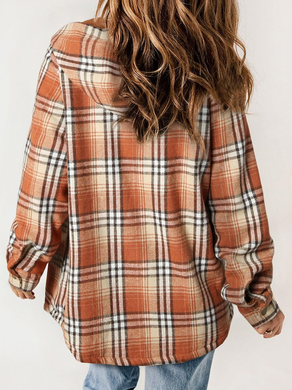 Plaid Snap Down Plush Hooded Jacket