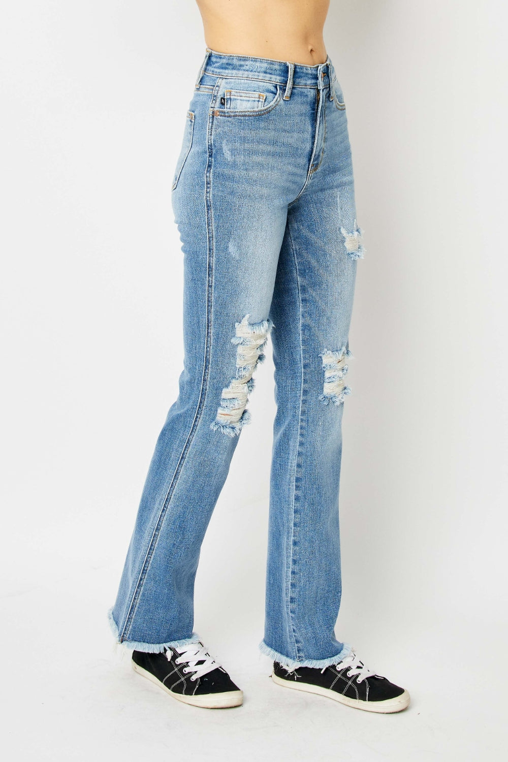 Judy Blue Full Size Distressed Raw Hem Bootcut Jeans - S. M. & Co. Denim Jeans