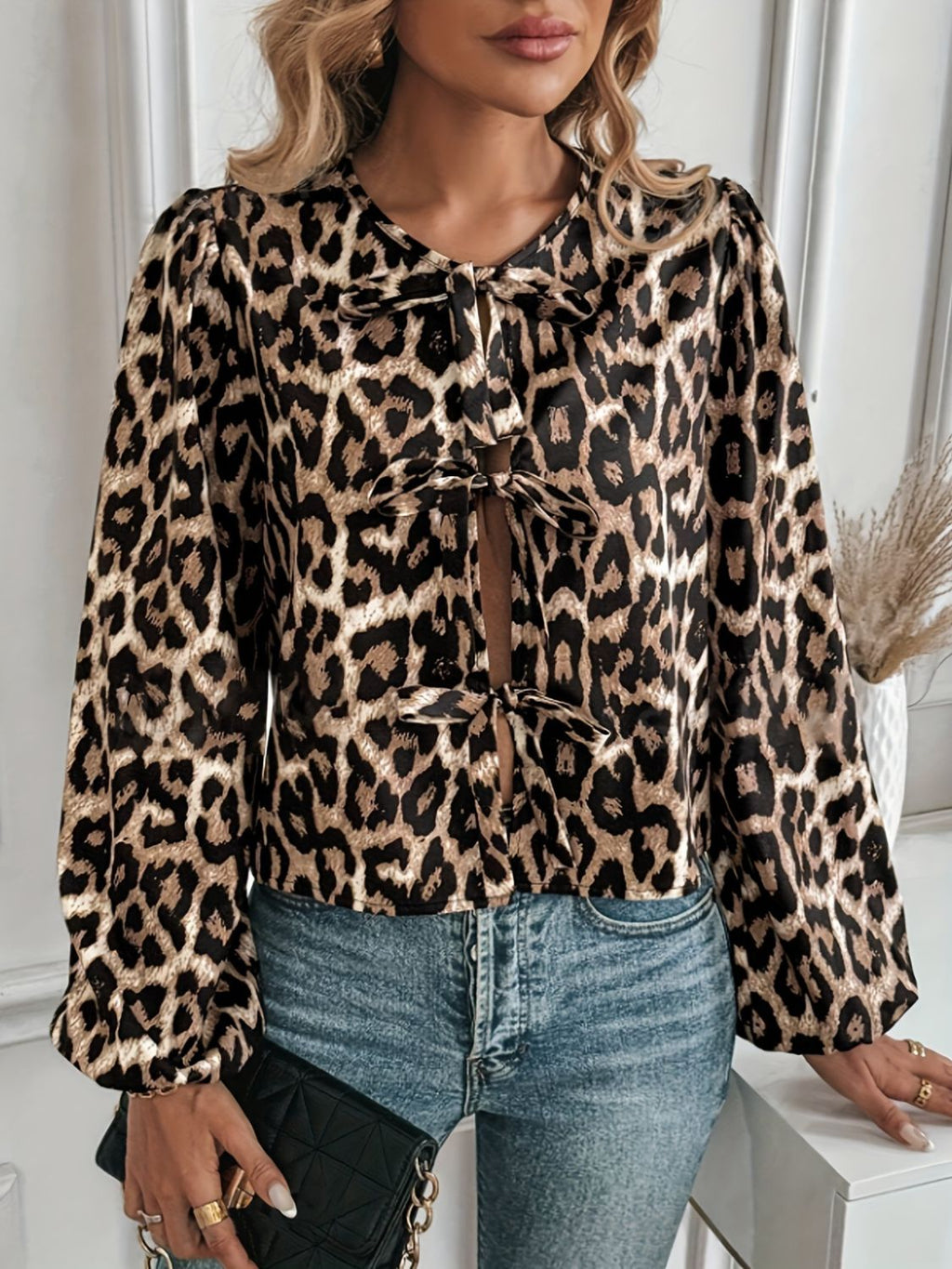 Tied Leopard Round Neck Long Sleeve Top