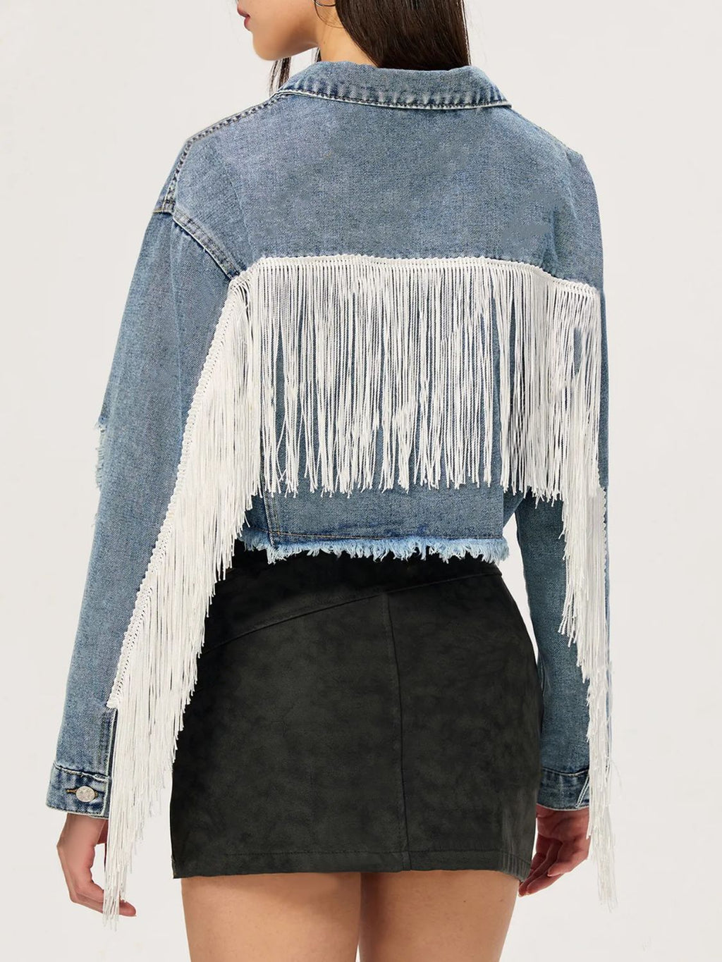 Distressed Fringe Collared Neck Cropped Denim Top