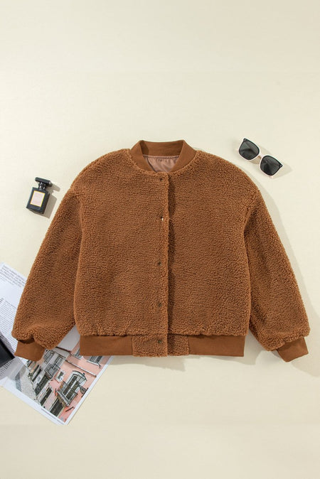 Baseball Collar Long Sleeve Sherpa Jacket - S. M. & Co.