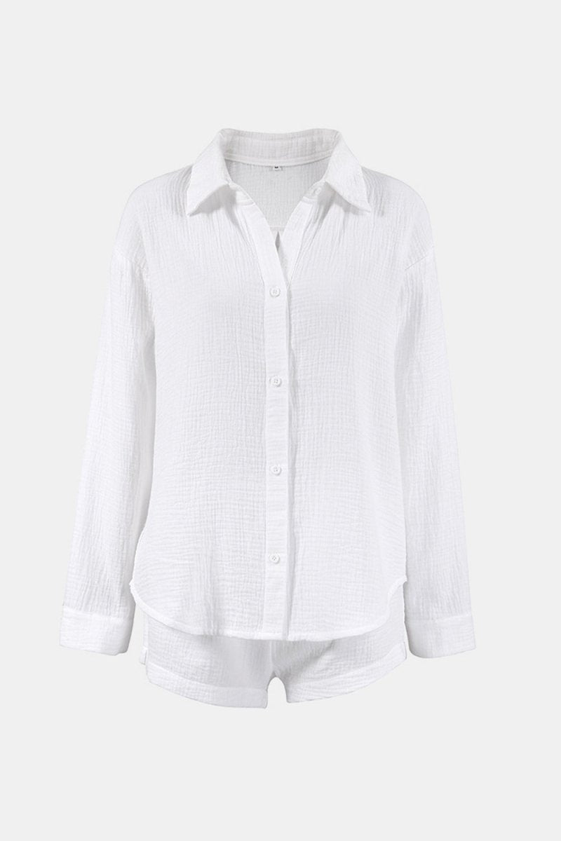 Basic Bae Breathable Button Down Long Sleeve Top and Shorts Set - S. M. & Co.