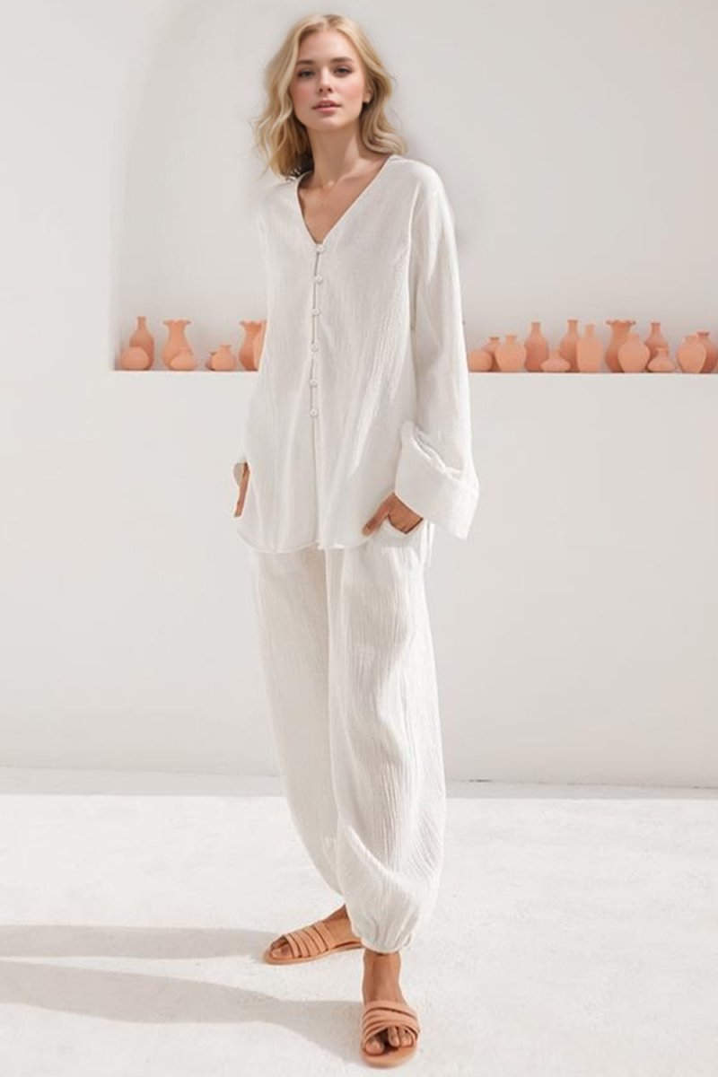 Basic Bae Buttery - Soft V - Neck Long Sleeve Top and Pants Set - S. M. & Co.