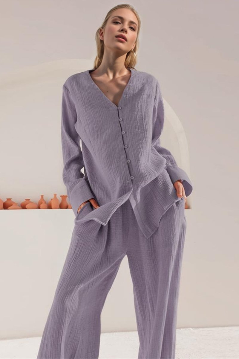 Basic Bae Buttery - Soft V - Neck Long Sleeve Top and Pants Set - S. M. & Co.