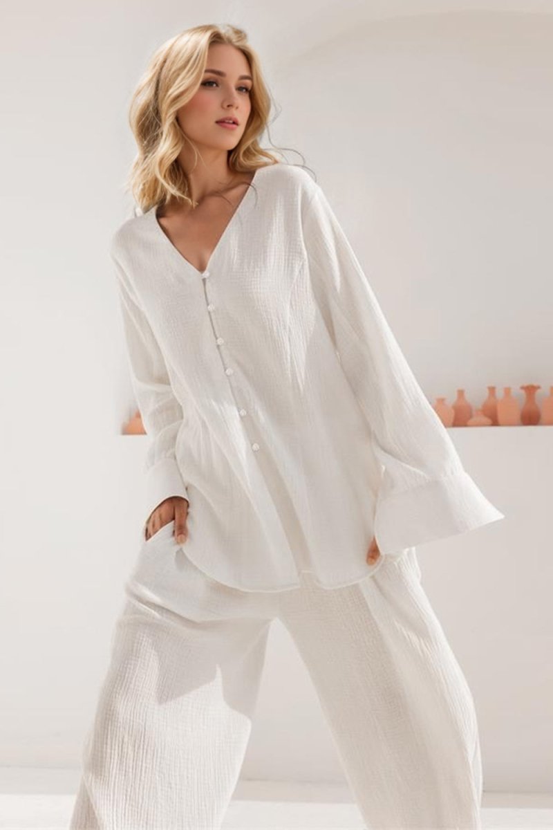 Basic Bae Buttery - Soft V - Neck Long Sleeve Top and Pants Set - S. M. & Co.