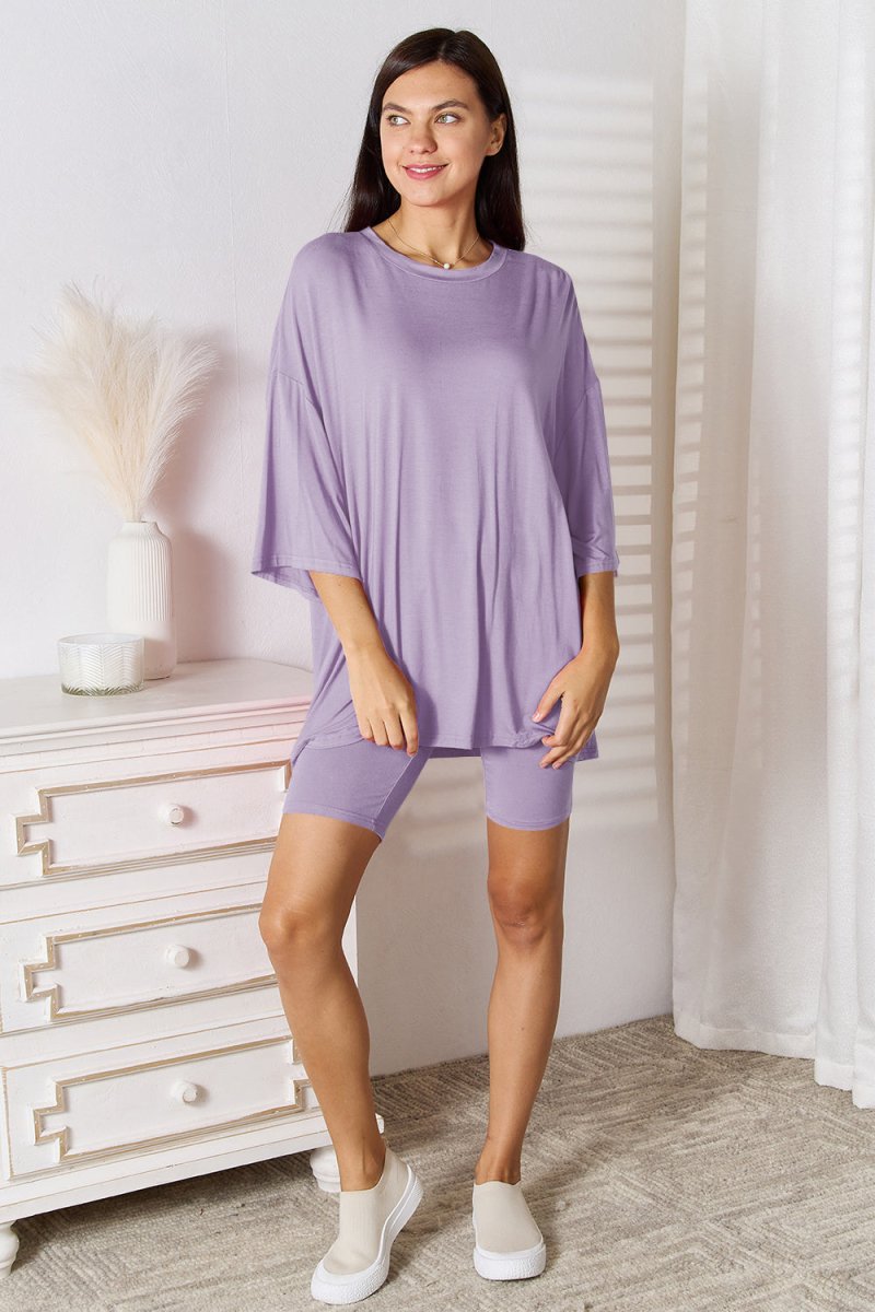 Basic Bae Full Size Soft Rayon Three - Quarter Sleeve Top and Shorts Set - S. M. & Co.