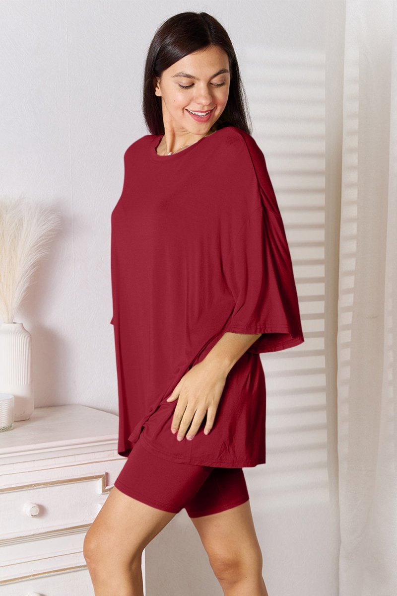 Basic Bae Full Size Soft Rayon Three - Quarter Sleeve Top and Shorts Set - S. M. & Co.