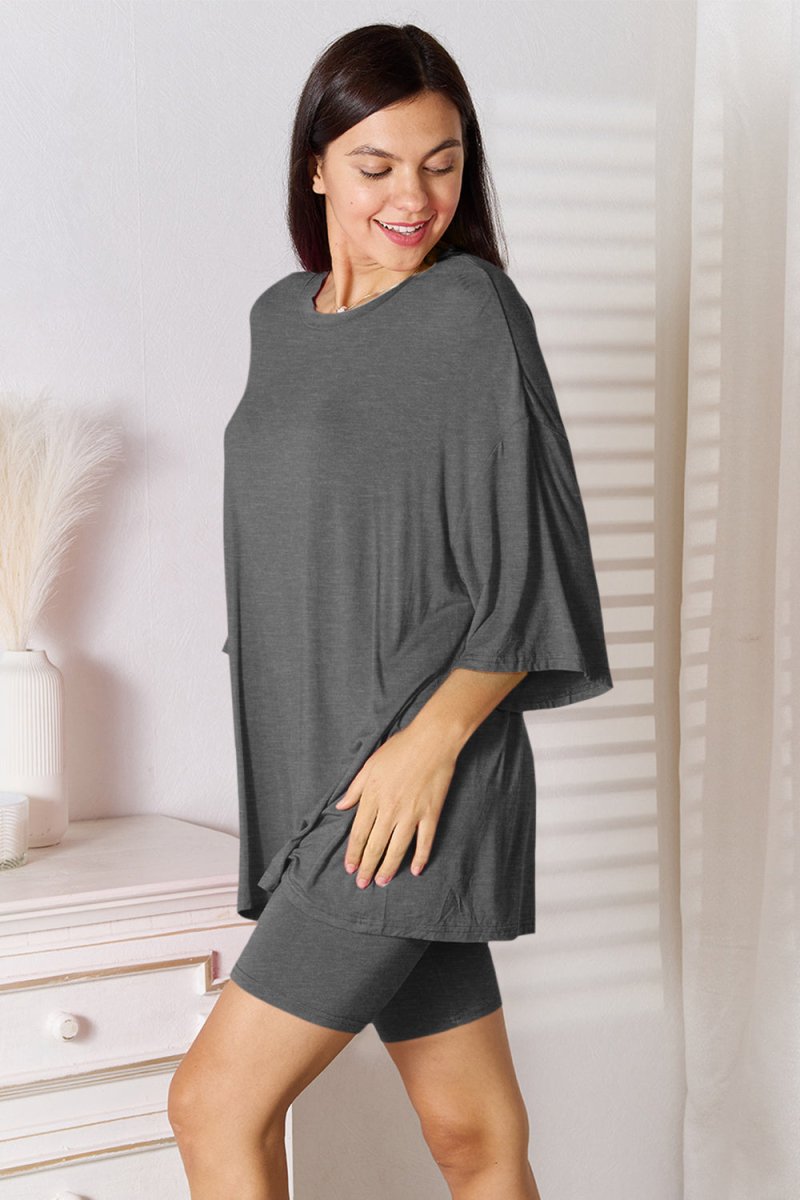 Basic Bae Full Size Soft Rayon Three - Quarter Sleeve Top and Shorts Set - S. M. & Co.