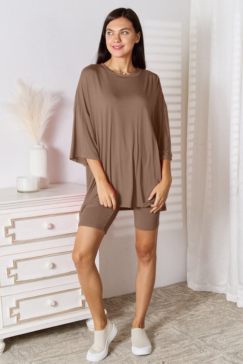 Basic Bae Full Size Soft Rayon Three - Quarter Sleeve Top and Shorts Set - S. M. & Co.