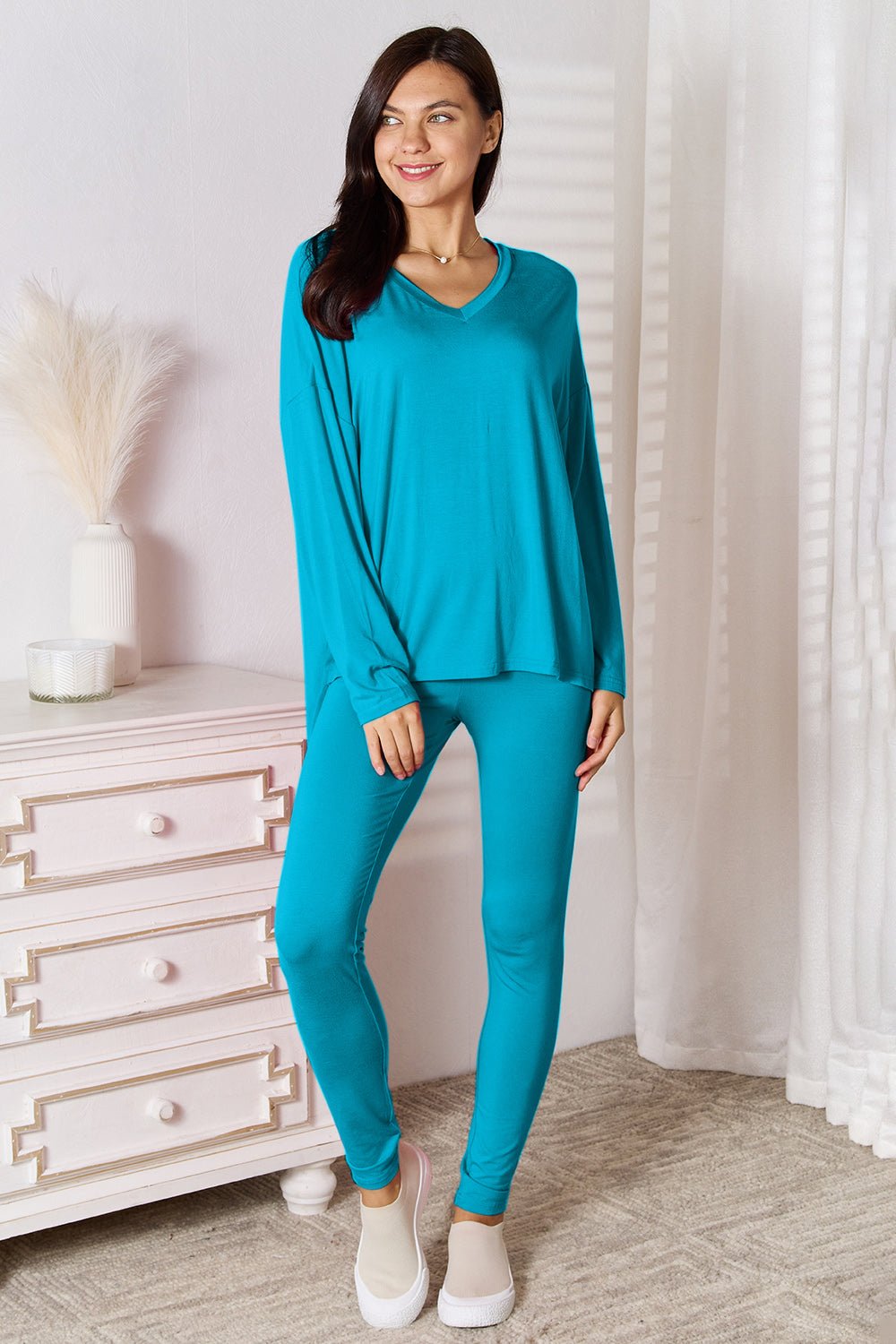 Basic Bae Full Size V-Neck Soft Rayon Long Sleeve Top and Pants Lounge Set - S. M. & Co. Two Piece Sets/Tops & Bottoms