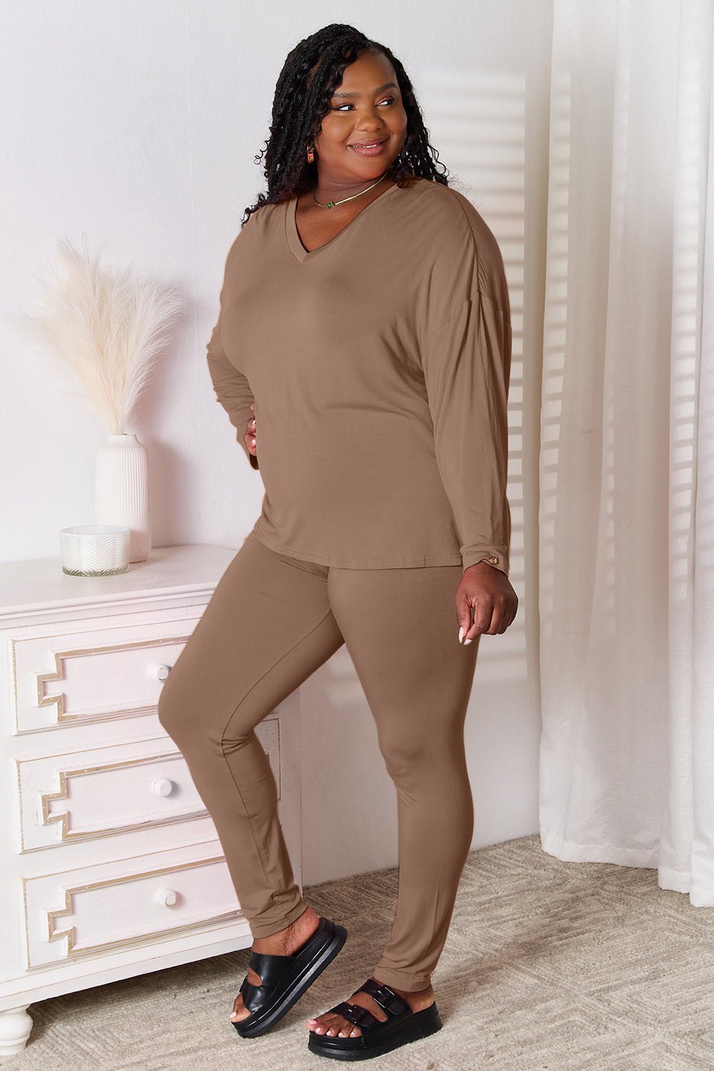 Basic Bae Full Size V-Neck Soft Rayon Long Sleeve Top and Pants Lounge Set - S. M. & Co. Two Piece Sets/Tops & Bottoms