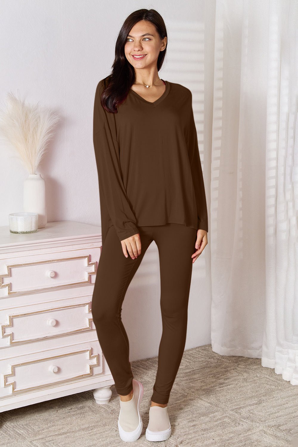 Basic Bae Full Size V-Neck Soft Rayon Long Sleeve Top and Pants Lounge Set - S. M. & Co. Two Piece Sets/Tops & Bottoms