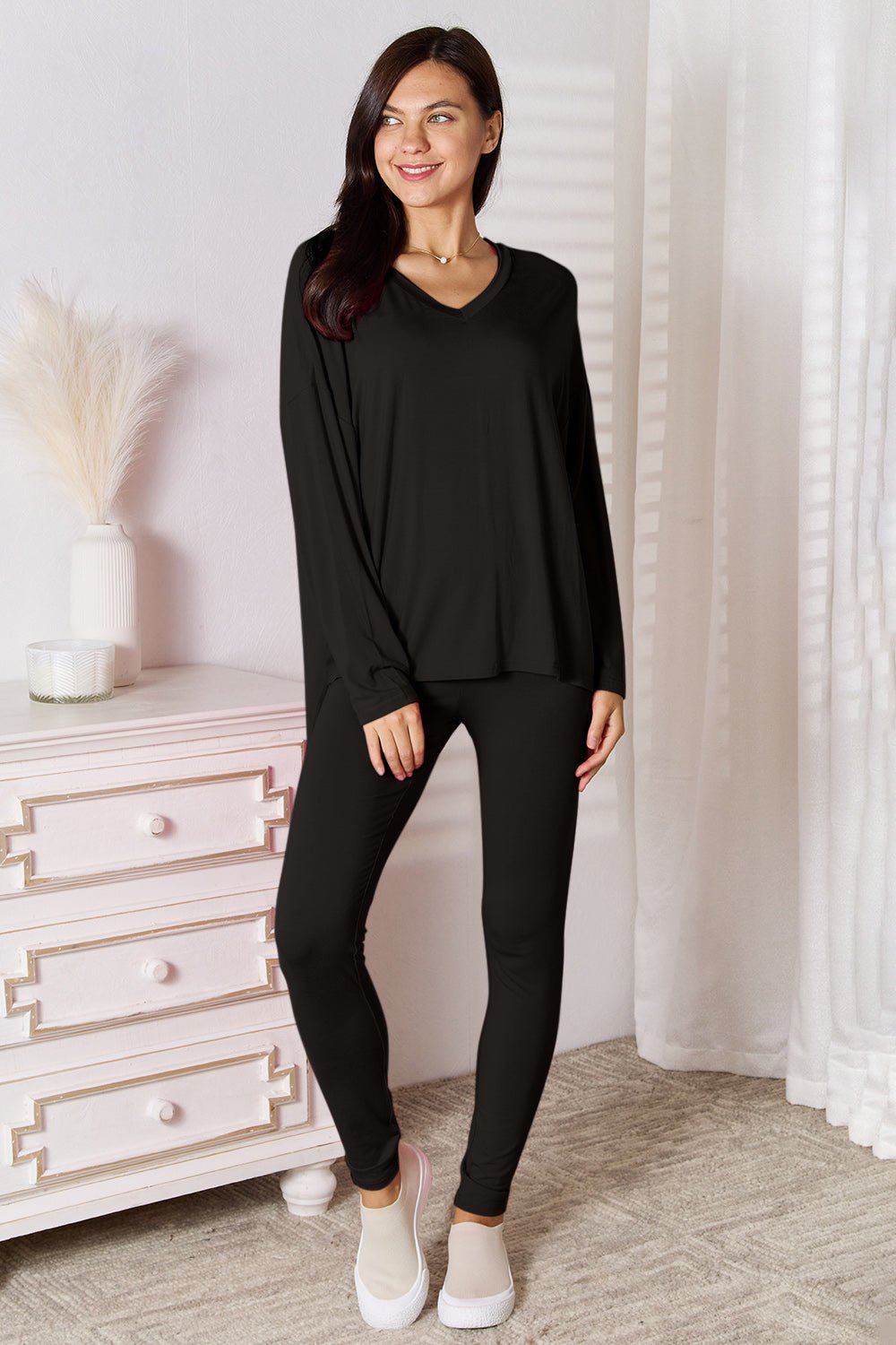 Basic Bae Full Size V-Neck Soft Rayon Long Sleeve Top and Pants Lounge Set - S. M. & Co. Two Piece Sets/Tops & Bottoms