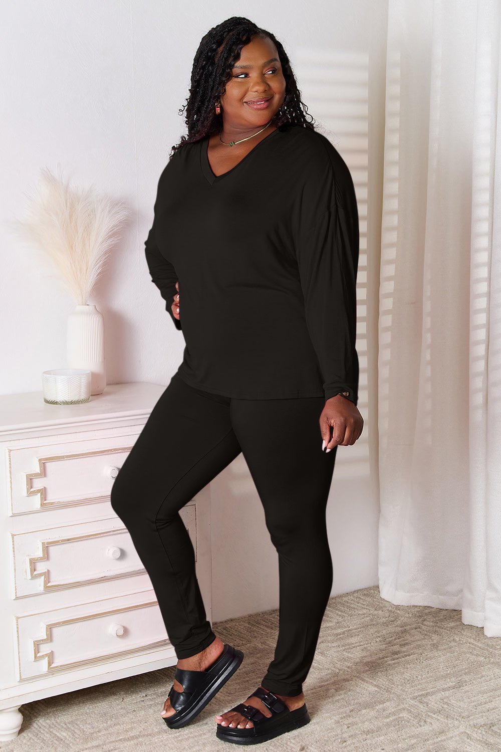 Basic Bae Full Size V-Neck Soft Rayon Long Sleeve Top and Pants Lounge Set - S. M. & Co. Two Piece Sets/Tops & Bottoms