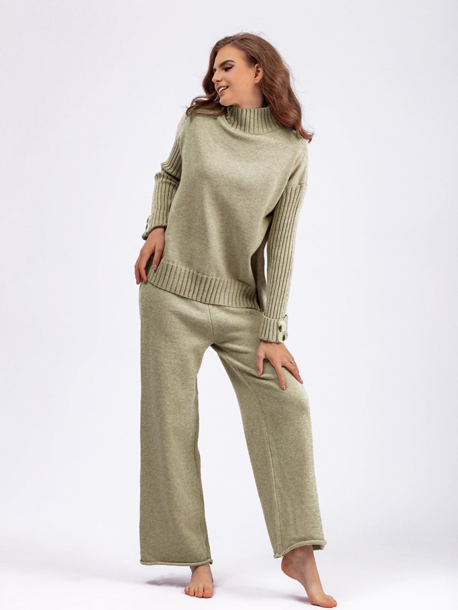 Basic Bae High - Low Turtleneck Long Sleeve Top and Pants Sweater Set - S. M. & Co.