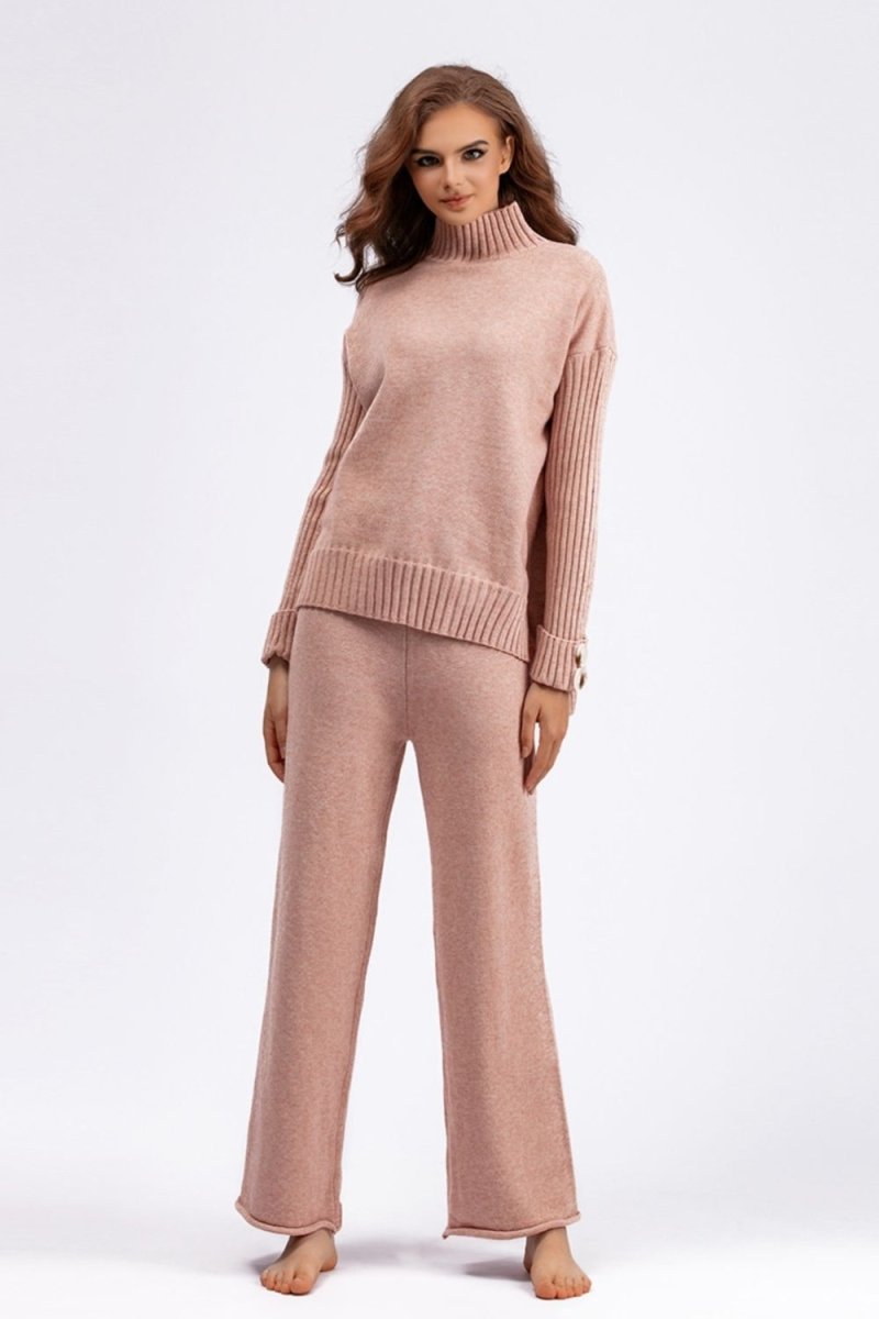 Basic Bae High - Low Turtleneck Long Sleeve Top and Pants Sweater Set - S. M. & Co.