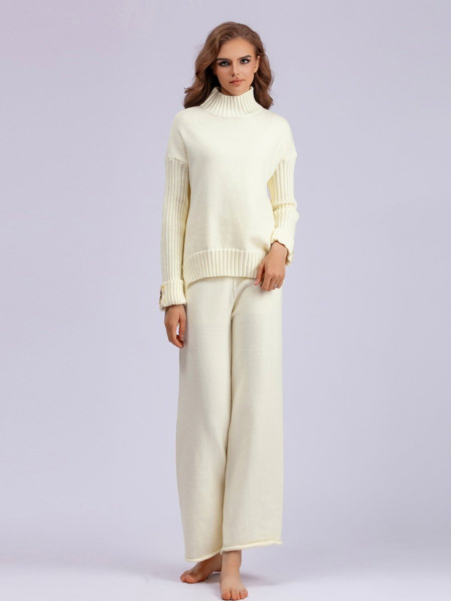 Basic Bae High - Low Turtleneck Long Sleeve Top and Pants Sweater Set - S. M. & Co.