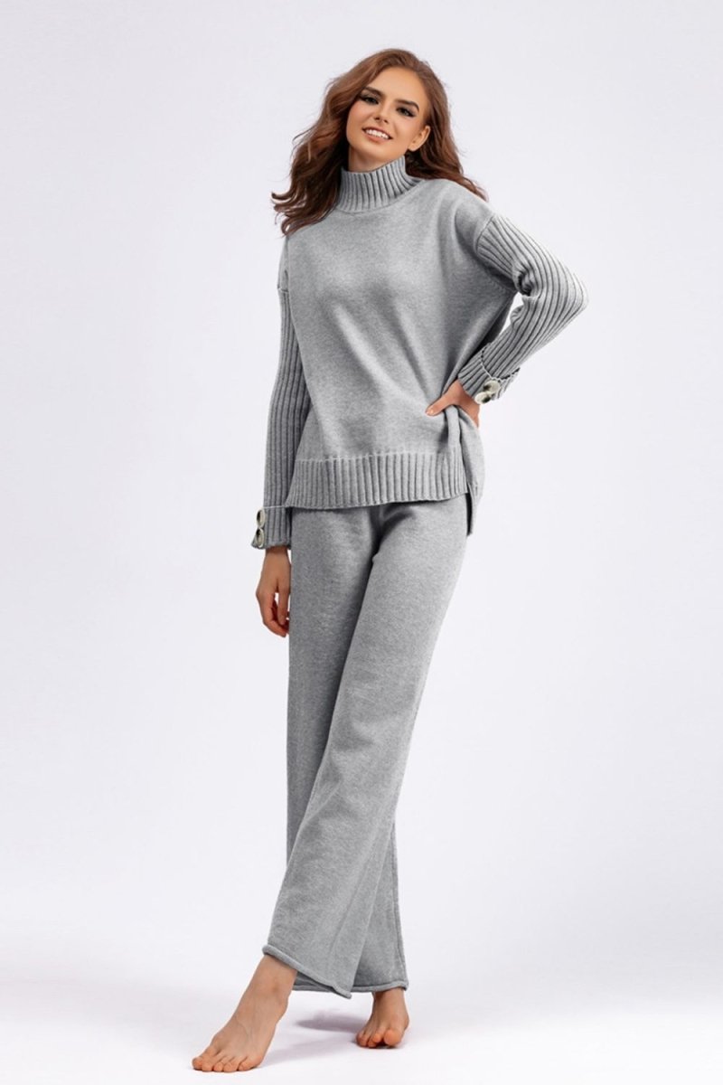 Basic Bae High - Low Turtleneck Long Sleeve Top and Pants Sweater Set - S. M. & Co.