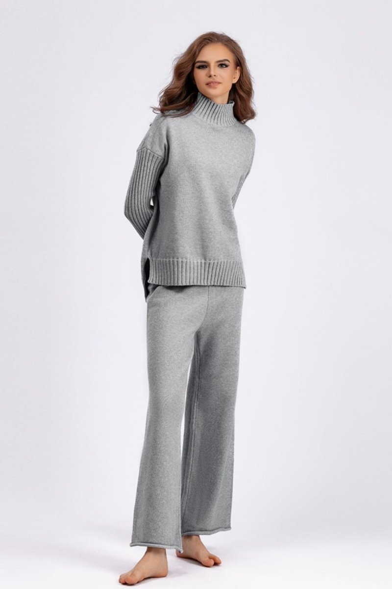 Basic Bae High - Low Turtleneck Long Sleeve Top and Pants Sweater Set - S. M. & Co.