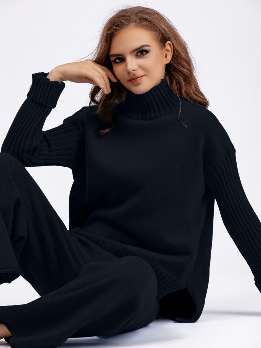 Basic Bae High - Low Turtleneck Long Sleeve Top and Pants Sweater Set - S. M. & Co.