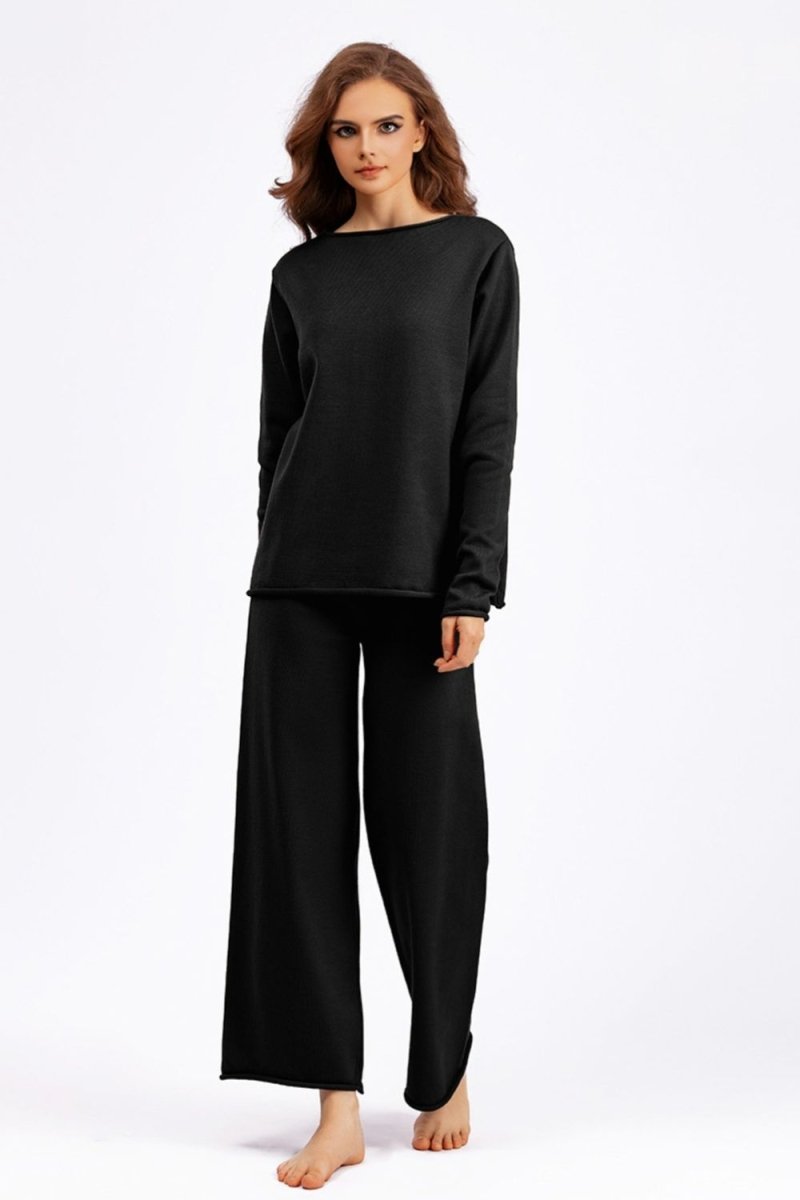 Basic Bae Rolled Round Neck Top and Pants Sweater Set - S. M. & Co.