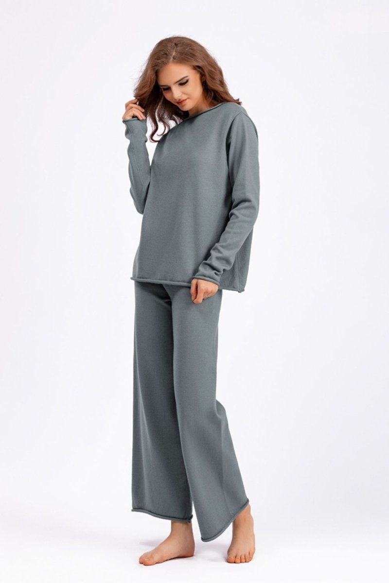 Basic Bae Rolled Round Neck Top and Pants Sweater Set - S. M. & Co.