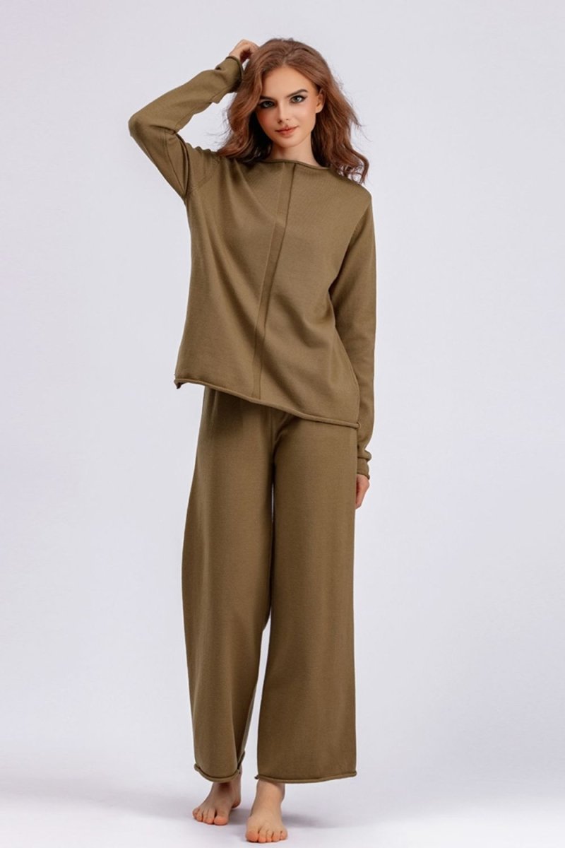 Basic Bae Rolled Round Neck Top and Pants Sweater Set - S. M. & Co.