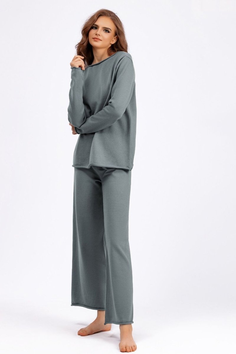 Basic Bae Rolled Round Neck Top and Pants Sweater Set - S. M. & Co.