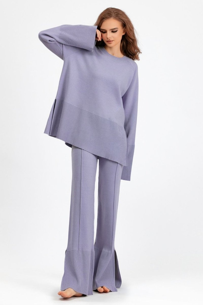 Basic Bae Slit Round Neck Long Sleeve Top and Drawstring Pants Sweater Set - S. M. & Co.