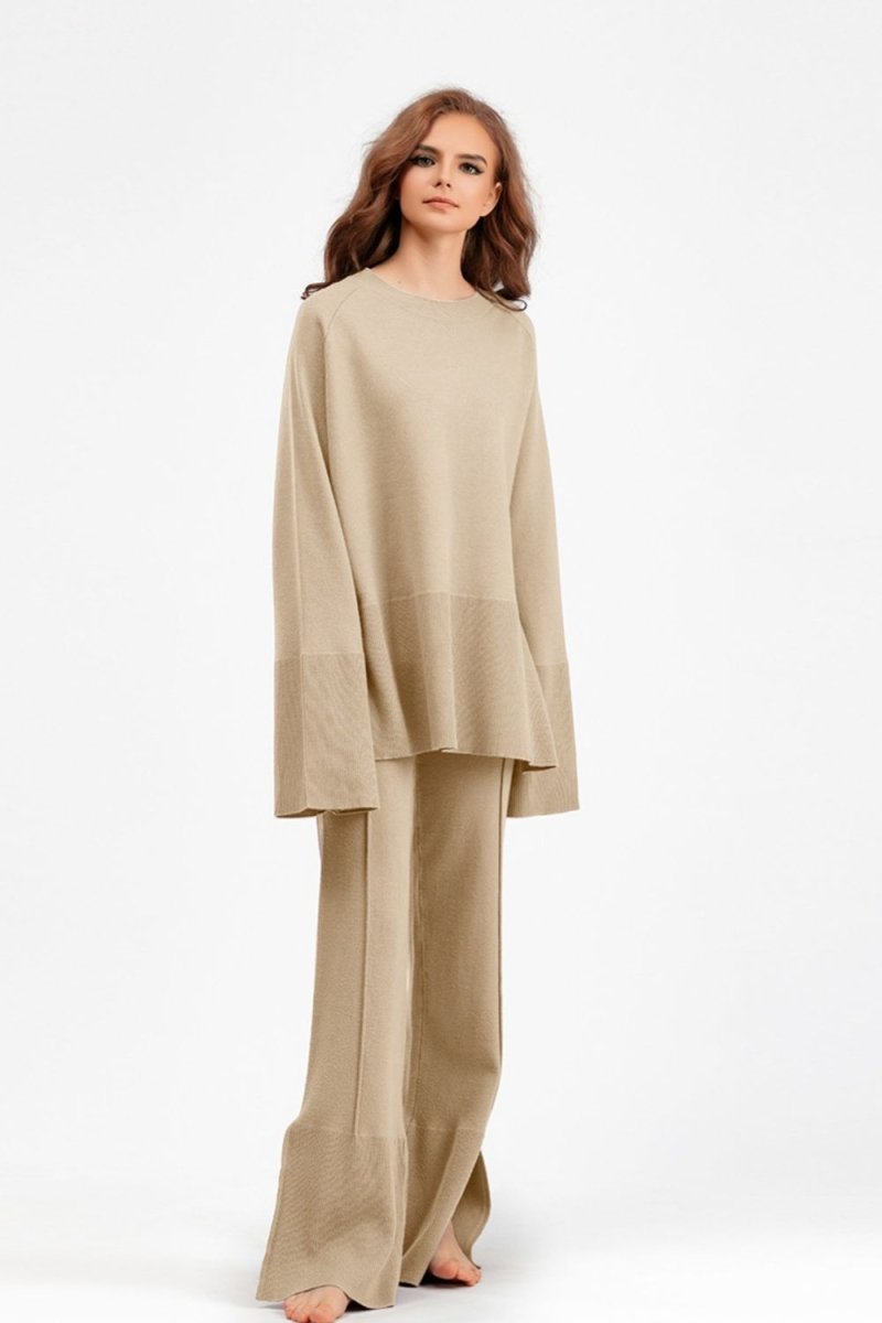 Basic Bae Slit Round Neck Long Sleeve Top and Drawstring Pants Sweater Set - S. M. & Co.