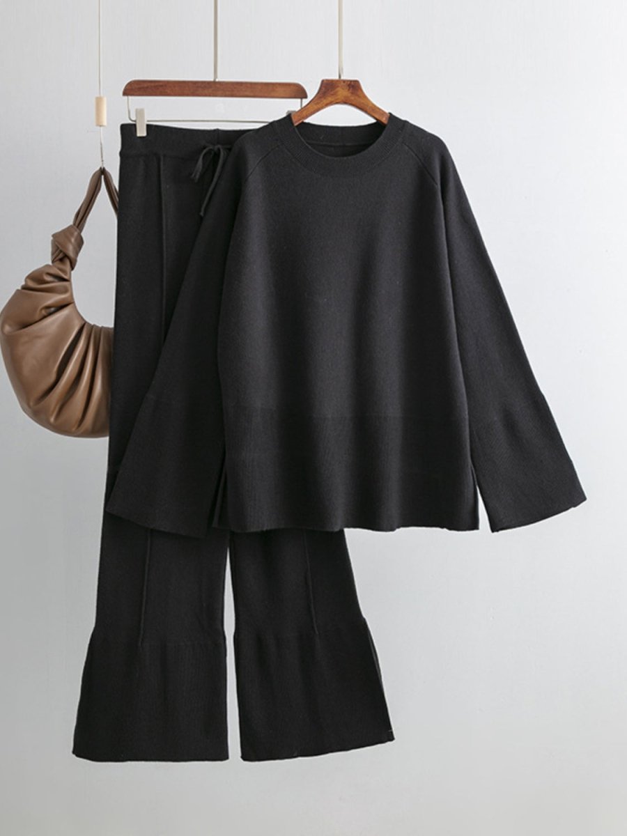 Basic Bae Slit Round Neck Long Sleeve Top and Drawstring Pants Sweater Set - S. M. & Co.