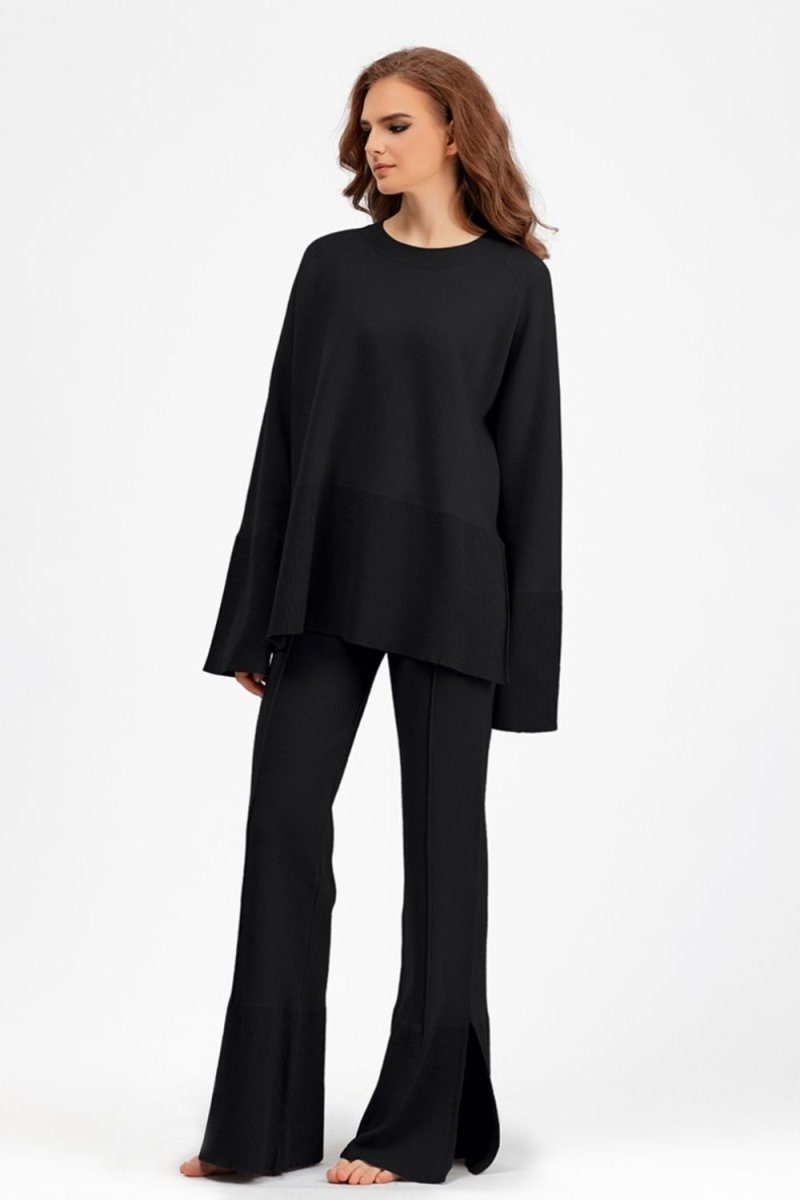 Basic Bae Slit Round Neck Long Sleeve Top and Drawstring Pants Sweater Set - S. M. & Co.