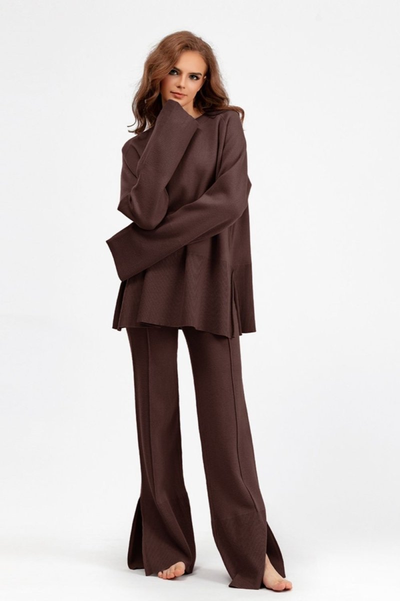 Basic Bae Slit Round Neck Long Sleeve Top and Drawstring Pants Sweater Set - S. M. & Co.