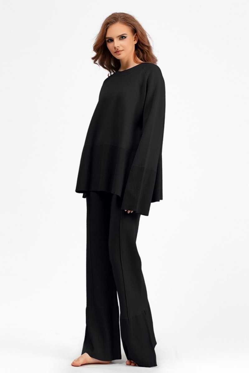 Basic Bae Slit Round Neck Long Sleeve Top and Drawstring Pants Sweater Set - S. M. & Co.